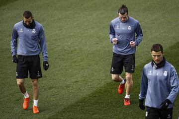 Karim Benzema (left), Gareth Bale (centre) and Cristiano Ronaldo in Real Madrid's final training session before facing Napoli.