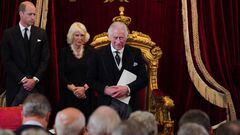 Britain's Prince William, Prince of Wales (L), Britain's Camilla, Queen Consort (C) listen as Britain's King Charles III speaks during a meeting of the Accession Council inside St James's Palace in London on September 10, 2022, to proclaim Charles as the new King. - Britain's Charles III was officially proclaimed King in a ceremony on Saturday, a day after he vowed in his first speech to mourning subjects that he would emulate his "darling mama", Queen Elizabeth II who died on September 8. (Photo by Jonathan Brady / POOL / AFP) (Photo by JONATHAN BRADY/POOL/AFP via Getty Images)