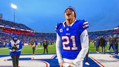 ORCHARD PARK, NEW YORK - DECEMBER 31: Jordan Poyer #21 of the Buffalo Bills reacts after a game against the New England Patriots at Highmark Stadium on December 31, 2023 in Orchard Park, New York.   Rich Barnes/Getty Images/AFP (Photo by Rich Barnes / GETTY IMAGES NORTH AMERICA / Getty Images via AFP)