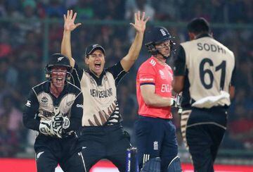 Luke Ronchi, Ross Taylor and Ish Sodhi celebrate Morgan's wicket.