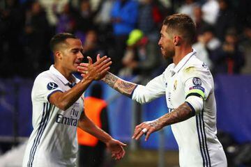 Sergio Ramos (R) of Real Madrid celebrates scoring his team's second goal with Lucas Vazquez of Real Madrid