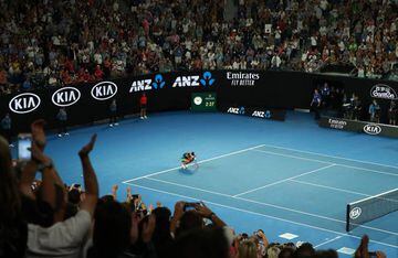 Naomi Osaka celebrates at match point following victory in her Women's Singles Final match against Petra Kvitova at the 2019 Australian Open