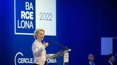 La presidenta de la Comisi&oacute;n Europea, Ursula von der Leyen, tras recibir el II Premio Cercle d&#039;Economia a la Construcci&oacute;n Europea en el marco de la XXXVII Reuni&oacute; Cercle d&#039;Economia.