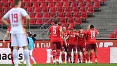 COLOGNE, GERMANY - APRIL 20: Jonas Hector of 1.FC Koeln  celebrates with teammates after scoring their team&#039;s first goal  during the Bundesliga match between 1. FC Koeln and RB Leipzig at RheinEnergieStadion on April 20, 2021 in Cologne, Germany. Spo