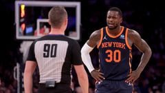 Nov 1, 2023; New York, New York, USA; New York Knicks forward Julius Randle (30) argues with referee Pat OÕConnell (90) after being called for a foul during the third quarter against the Cleveland Cavaliers at Madison Square Garden. Mandatory Credit: Brad Penner-USA TODAY Sports
