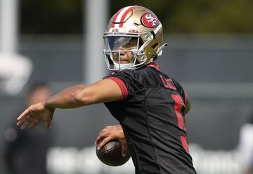 Trey Lance #5 of the San Francisco 49ers works out during training camp at SAP Performance Facility on July 28, 2021 in Santa Clara, California.
