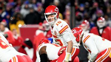 Jan 21, 2024; Orchard Park, New York, USA; Kansas City Chiefs quarterback Patrick Mahomes (15) reacts in the first half against the Buffalo Bills for the 2024 AFC divisional round game at Highmark Stadium. Mandatory Credit: Mark Konezny-USA TODAY Sports